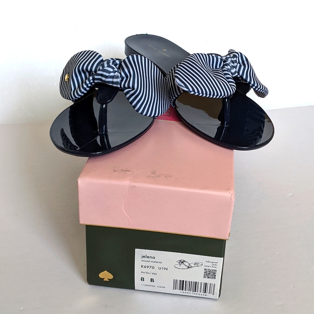 KATE SPADE Navy Blue Jelly Flip Flop Sandals Striped Fabric Bow Size 8 - Picture 10 of 15